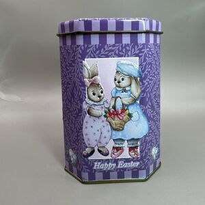 VTG Meister Happy Easter Bunny Tin Octagonal Purple Rabbits Brazil Collectible